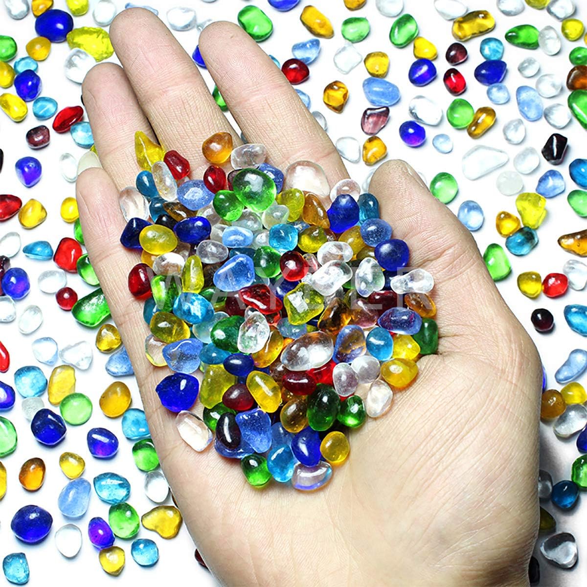 Rainbow Glass Stones, 1Lb/460g Irregular Sea Glass Pebbles Non-Toxic Artificial Crystal Stones for Handmade Artwork/Vase Filler/Terrarium Flowerpot Aquarium Turtle Tank Decoration, Multicolored