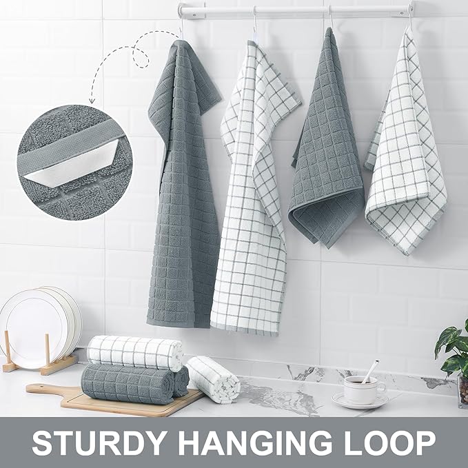 Homaxy Premium Cotton Kitchen Towels 16"x 28", Large Natural Ring Spun 390 GSM Dish Towels, Super Absorbent Terry Kitchen Hand Towels, Soft Tea Towel with Hanging Loop, Grey Check Design, 8 Pack