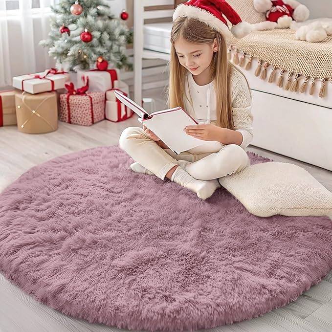 OLANLY Blush Round Rugs for Bedroom - Machine Washable, 4 ft Circle Area Rugs for Living Room, Soft and Fluffy Shaggy Carpet for Teen Girls and Boys, Nursery Rooms, Dorms, Home Decor Aesthetic