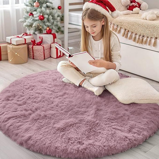 OLANLY Blush Round Rugs for Bedroom - Machine Washable, 4 ft Circle Area Rugs for Living Room, Soft and Fluffy Shaggy Carpet for Teen Girls and Boys, Nursery Rooms, Dorms, Home Decor Aesthetic