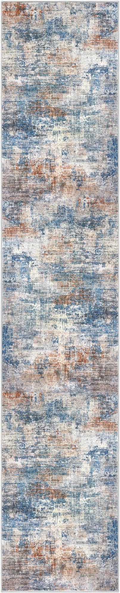 IOHOUZE Abstract Runner Rug 3x14 Ft Long Washable Runners for Hallways, Non Slip Kitchen Runner Printed Faux Wool Entryway Runner Indoor, Modern Abstract Floor Carpet for Hall Stair, Blue Rust