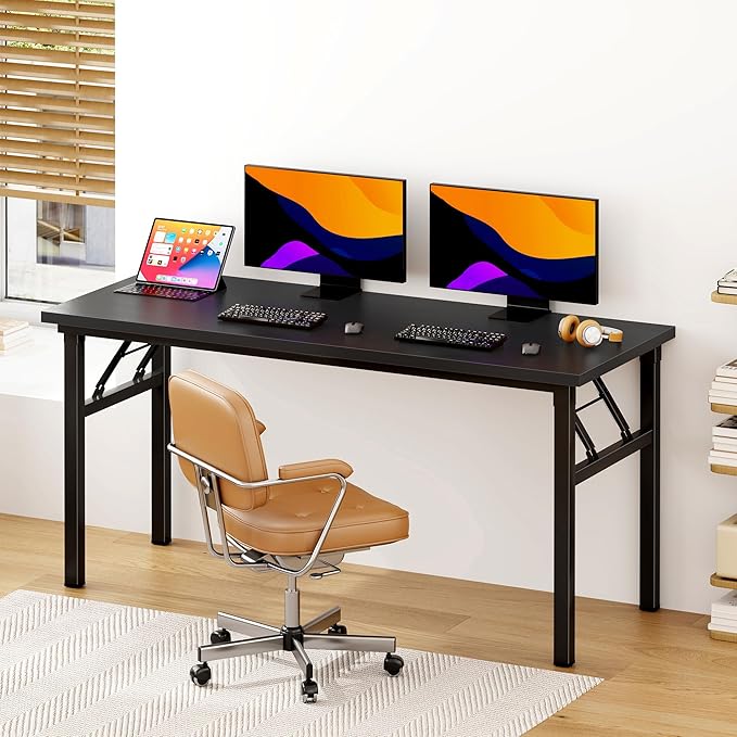 DlandHome Computer Desk 62 inches Office Desk Computer Table Study Writing Desk Workstation for Home Office Metal Frame Black and Black