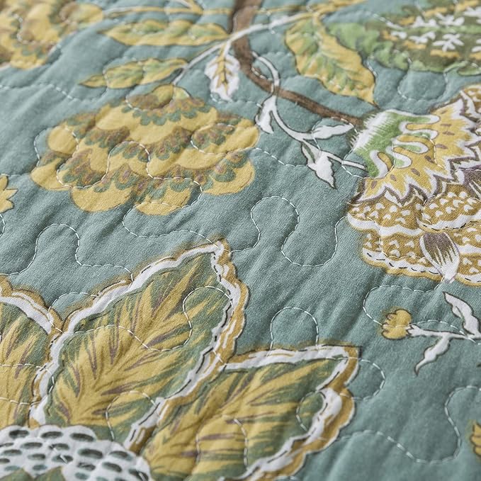 NEWLAKE Cotton Bedspread Quilt Sets-Reversible Patchwork Coverlet Set, Green Floral Pattern, Queen Size