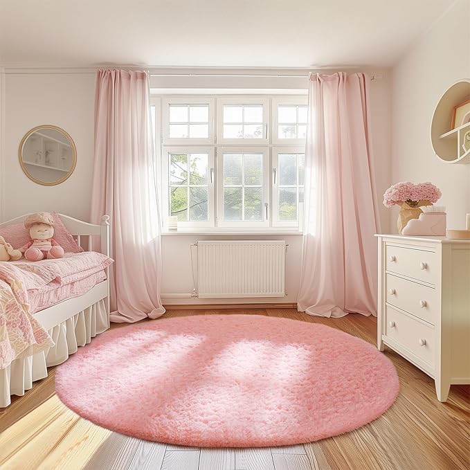 Ophanie Round Rugs 7Ft Pink Circle Area Rug, Fluffy Fuzzy Bedroom Carpet, Plush Soft Shaggy Indoor Floor Kawaii Living Room Rugs for Kids, Cute Room Decor for Teen Girls Home Decor Aesthetic, Nursery