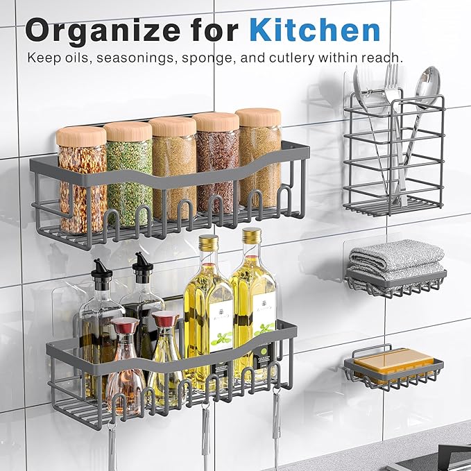 5-Pack Rustproof Stainless Steel Shower Caddy Set– No Drill Adhesive Bathroom Organizer, Space-Saving Shower Shelves for Apartment Essentials, Bathroom/Kitchen Storage Home Decor-L Size