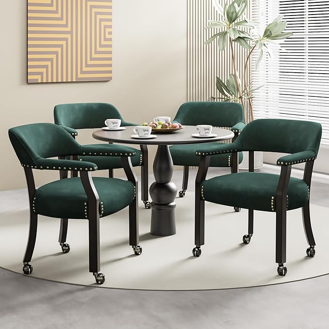 MODERION Dinning Chairs with Wheels and Arms Set of 8, Solid Wood Office Desk Chairs with Frosted Velvet Upholstered, Classic Swivel Accent Chairs, 31.5" H Boss Caption's Chair, Sea Green XXY-HT22-SG