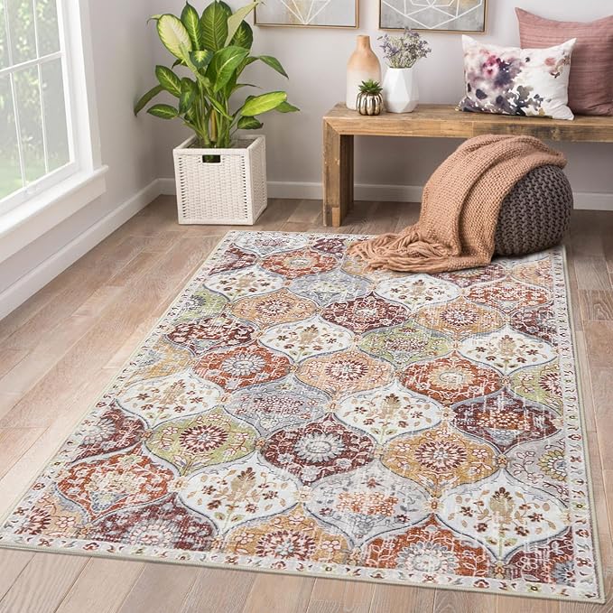 Lahome Moroccan Trellis Washable Small Area Rug, 3x5 Black Rug for Bedroom Living Room, Non-Slip Oriental Accent Throw Carpet for Kitchen Office Entryway Bathroom Office, Orange/Terracotta