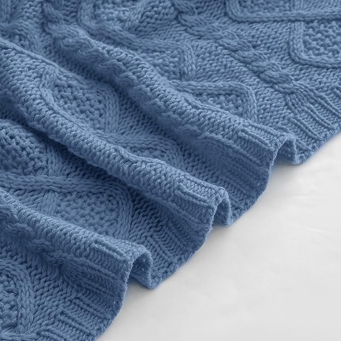Homiest Cable Knit Throw Blanket & Pillow Set, Dusty Blue Set of 3, Knitted Blanket (50"x60") & 2 Pillow Covers (18"x18"), Soft & Cozy Decorative Couch Bed Sofa