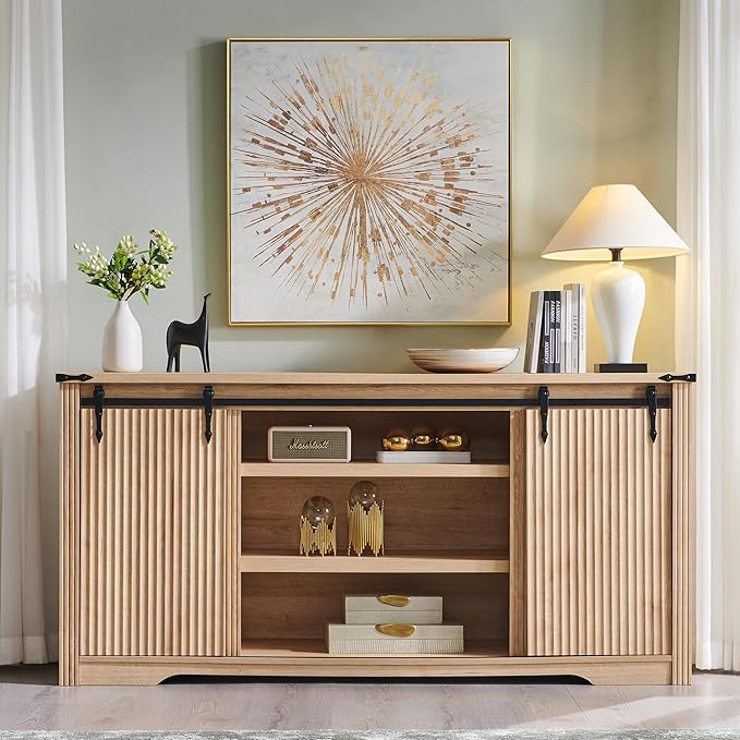 JXQTLINGMU Modern 66" TV Stand, Entertainment Center for TVs Up to 75", Media Console w/4 Drawers & Sliding Door, Luxury Fluted TV Stand w/Storage Shelves, Wood Television Stand for Living Room, Oak