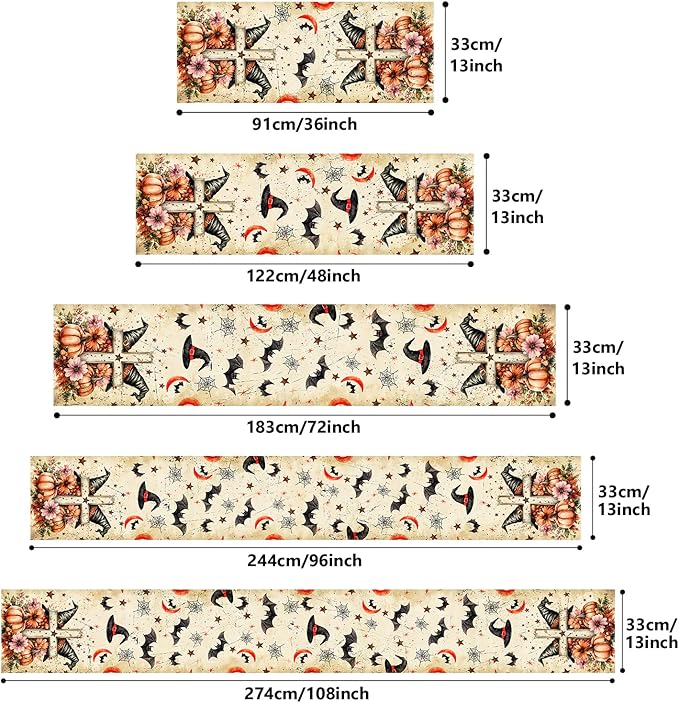 Halloween Table Runner with Black Cats, Bats & Pumpkins, Table Decoration for Dining Party and Home Decor,96x13 inches