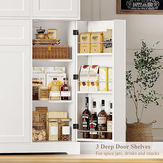 HOSTACK 68" Tall Kitchen Pantry Storage Cabinet, Modern Kitchen Hutch Cabinet with Doors and Shelves, Freestanding Food Pantry with Large Storage Drawer for Dining Room, Living Room, White