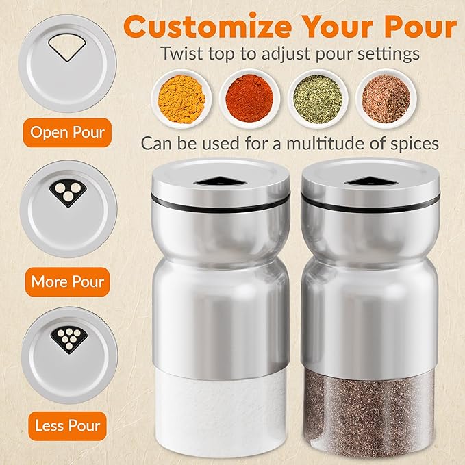 HOME EC Original Salt and Pepper Shakers Set with Adjustable Pour Holes - Glass and Stainless Steel Salt Shaker and Pepper Shaker - Farmhouse Spice dispenser for salts, ground peppercorn and spices