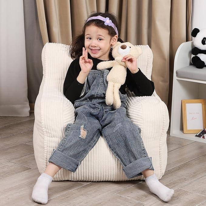 Kids Bean Bag Chair with a Plush Bear, Comfy Toddler Chair for Boys and Girls, Beige