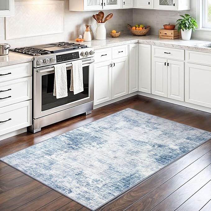 IOHOUZE Abstract Area Rug 3x5 Ft Washable Rugs for Entryway Indoor, Non Slip Kitchen Rug Printed Faux Wool Throw Rugs, Indoor Door Mat for Door Entrance Foyer Living Room, Light Blue White