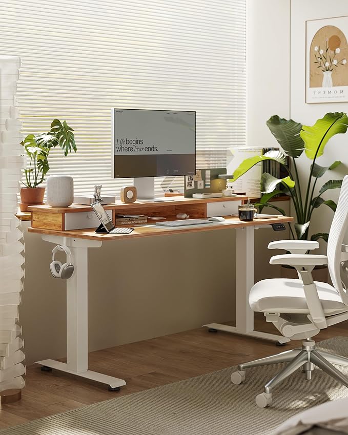 FEZIBO 60 x 24 Inch Height Adjustable Electric Standing Desk with Double Drawer, Computer Desk, Home Office Stand Up Table with 4 Height-Adjustable Feets & 2 Hooks, Light Rustic