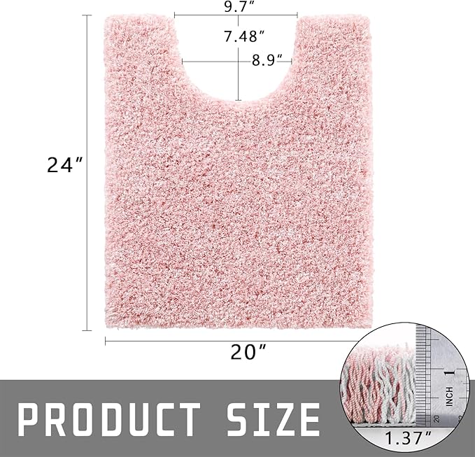 Yimobra Toilet Rugs U Shaped Washable 24x20, Ultra Soft and Water Absorbent Bath Mats, Non Slip Fluffy Shaggy Luxury Microfiber Contour Bath Rugs for Toilet, Dry Quick, Light Pink and White