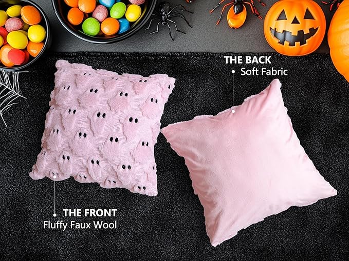4TH Emotion Halloween Ghost Decorative Pillow Covers 20x20 Set of 2, Pink Soft Plush Faux Fur Farmhouse Throw Cushion Cases for Fall Autumn Holiday Home Decorations