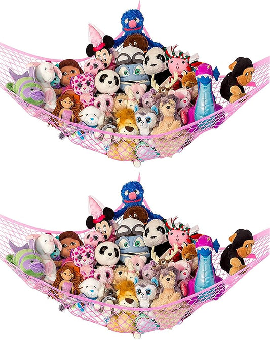 Lilly's Love Stuffed Animal Hammock | Corner Hanging Organizer, Toy Storage, Stuffed Animal Storage Net | Made from Quality Fishing Net, Holds 12lbs | 67"x47"x47" (Pink, 2 Pack)