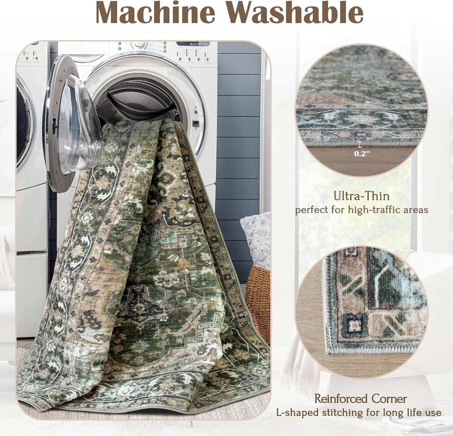 3x5 Washable Area Rug - Small Entryway Rug Non-Slip Moss Green Vintage Oriental Kitchen Rugs Low Pile Boho Carpet Throw Rugs for Living Room Bedroom Bathroom Entrance Dorm Office Home Decor