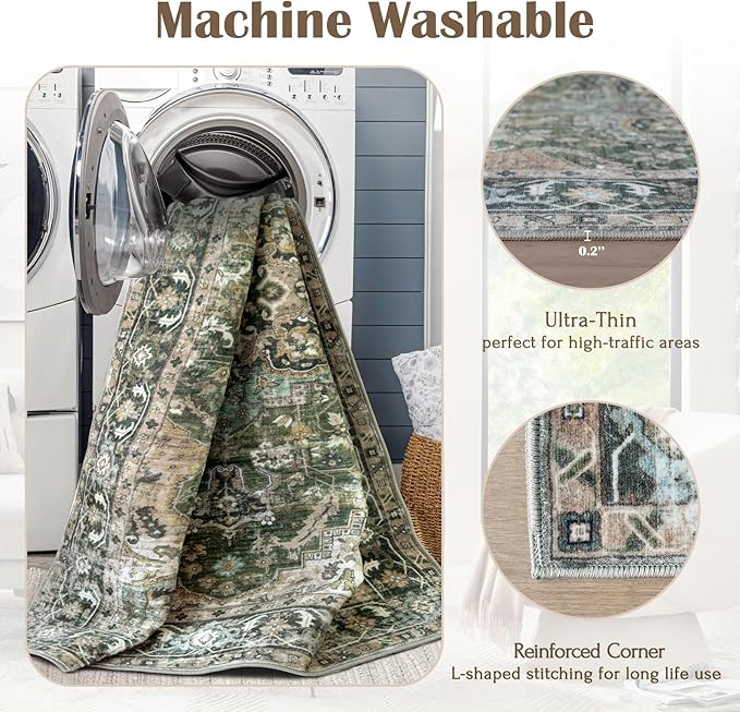 Washable Area Rug 8x10 - Large Moss Green Boho Rugs for Living Room Soft Vintage Bedroom Rug Ultra-Thin Distressed Oriental Carpet Stain Resistant Rug for Dining Room Guest Room Home Decor