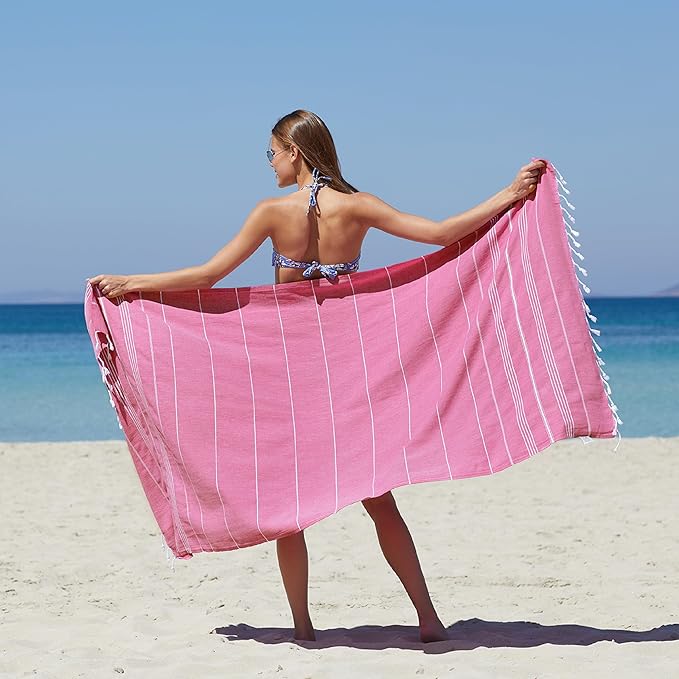 WETCAT Turkish Beach Towel Oversized (38"x71") 100% Turkish Cotton, Made in Turkey - Sand Free, Extra Large, Ultra Soft, Quick Drying, Compact & Lightweight for Travel - Fuchsia
