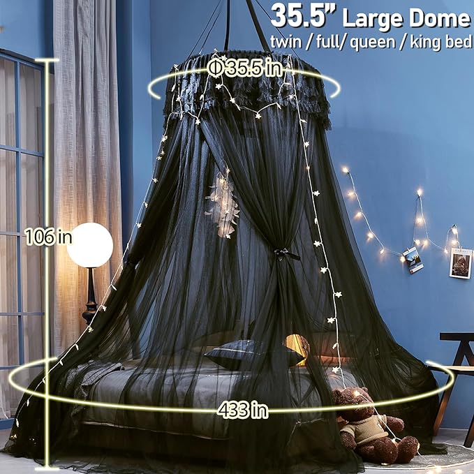 Kertnic Dreamy Bed Canopy for Girls, Princess Canopy Curtains Double Layer Sheer Mesh, Kids & Adults Canopies Netting Room Decor Tent Mosquito Net for Queen King Bed (Double Layer-Black)