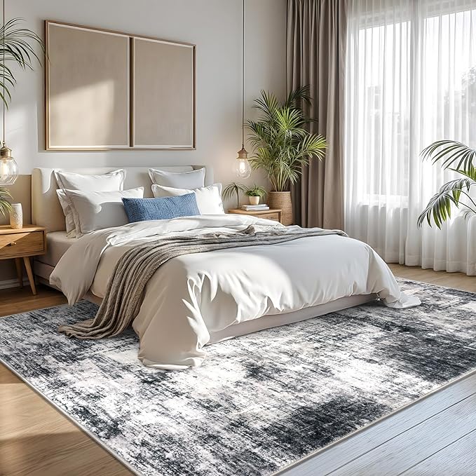 IOHOUZE Abstract Area Rugs 8x10 Ft Washable Large Rugs for Living Room, Non Slip Dining Room Rug, Printed Faux Wool Rugs for Bedroom, Floor Carpet for Office Nursery Playroom, Black Grey