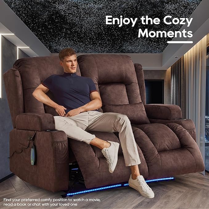 IPKIG 54" Power Loveseat Recliner Sofa, Electric Home Theater Seating with Massage Heat/4 Colors Ambient Lights/USB Port/Side Pocket/Cup Holder for Living Room, Bedroom, RVs(Brown, 2 Seater)