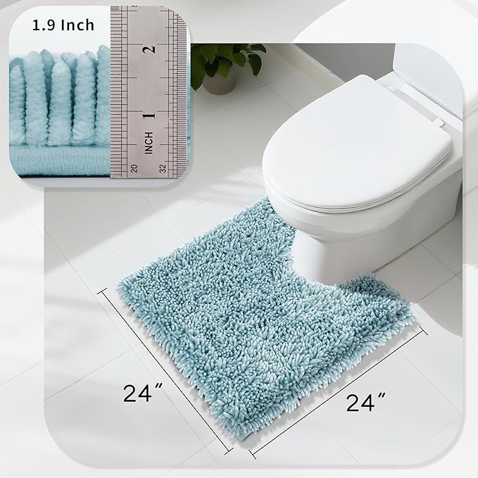 Yimobra Toilet Rugs U Shaped Washable, Extra Thick Soft Absorbent Chenille Contour Bathroom Rugs for Toilet 24x24 Inch, Quick Dry Non Slip Toilet Mat for Bath Floor, Greyish Blue