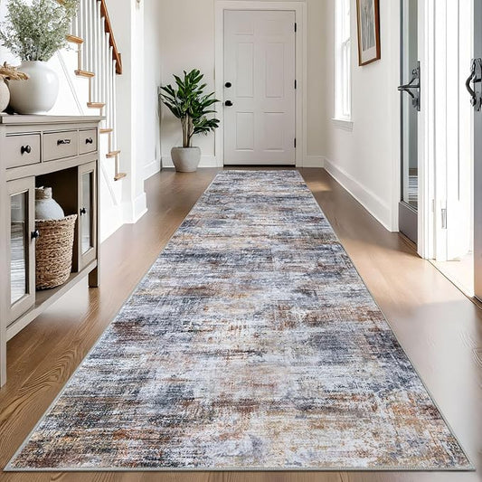 IOHOUZE Abstract Runner Rug 3x14 Ft Washable Runners for Hallways, Non Slip Kitchen Runner Printed Faux Wool Entryway Runner Indoor, Modern Abstract Floor Carpet for Hall Stair, Orange Grey