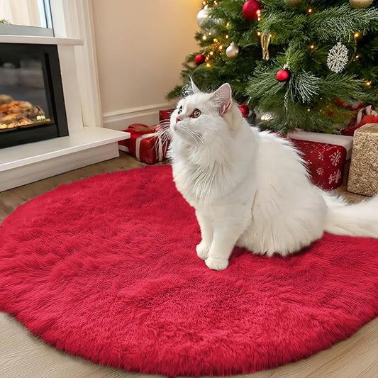 OLANLY Red Round Rugs for Bedroom - Machine Washable, 3 ft Circle Area Rugs for Living Room, Soft and Fluffy Shaggy Carpet for Teen Girls and Boys, Nursery Rooms, Dorms, Home Decor Aesthetic