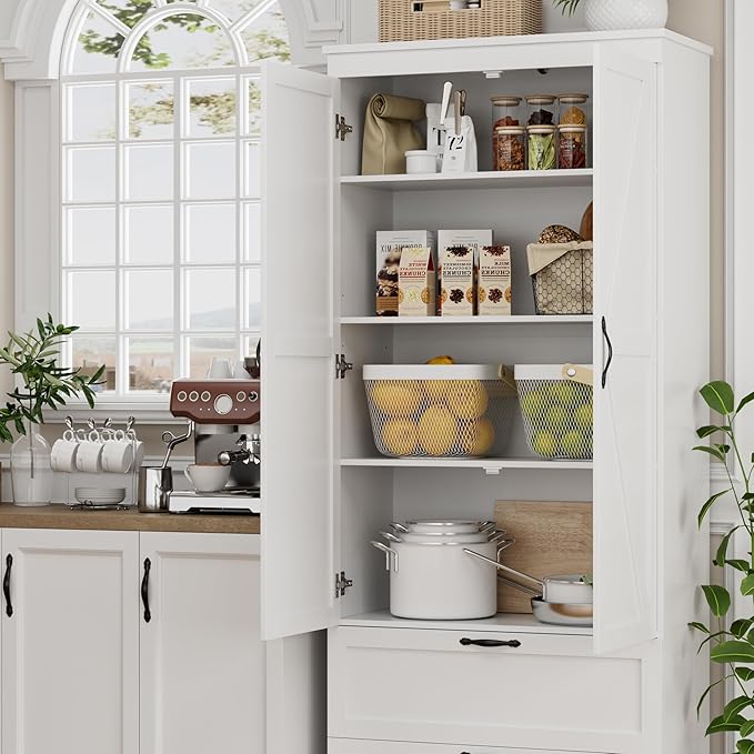 HOSTACK 70" Tall Kitchen Pantry Storage, Barn Doors Pantry Cabinet with Drawers and Adjustable Shelf, Modern Farmhouse Storage Cabinet for Kitchen, Dining Room, Living Room, Bathroom, White