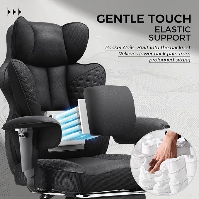 COMHOMA Big and Tall Office Chair 400LBS Wide Ergonomic Fabric Deluxe Embossing Designed Gaming Chair with Foot Rest,150°Reclining Adjustable Armrests Pocket Spring Back Support and Pillow