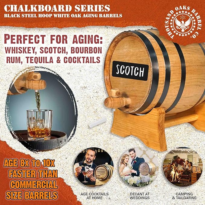 1 Gallon Oak Aging Barrel Dispenser (5 Liter) with Chalkboard Front, Wood Stand, Bung & Spigot - Charred Mini Bourbon Whiskey Barrels For The Home Brewer, Distiller, Wine Maker, Cocktail Aging