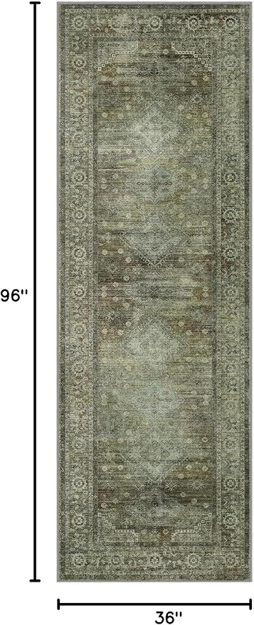 Runner Rug for Hallway Kitchen, 3x8 Machine Washable Runners Rug for Entryway, Soft Modern Boho Throw Rugs, Low Pile Floor Cover with Non Slip Backing, Distressed Light Greyish Sage Green