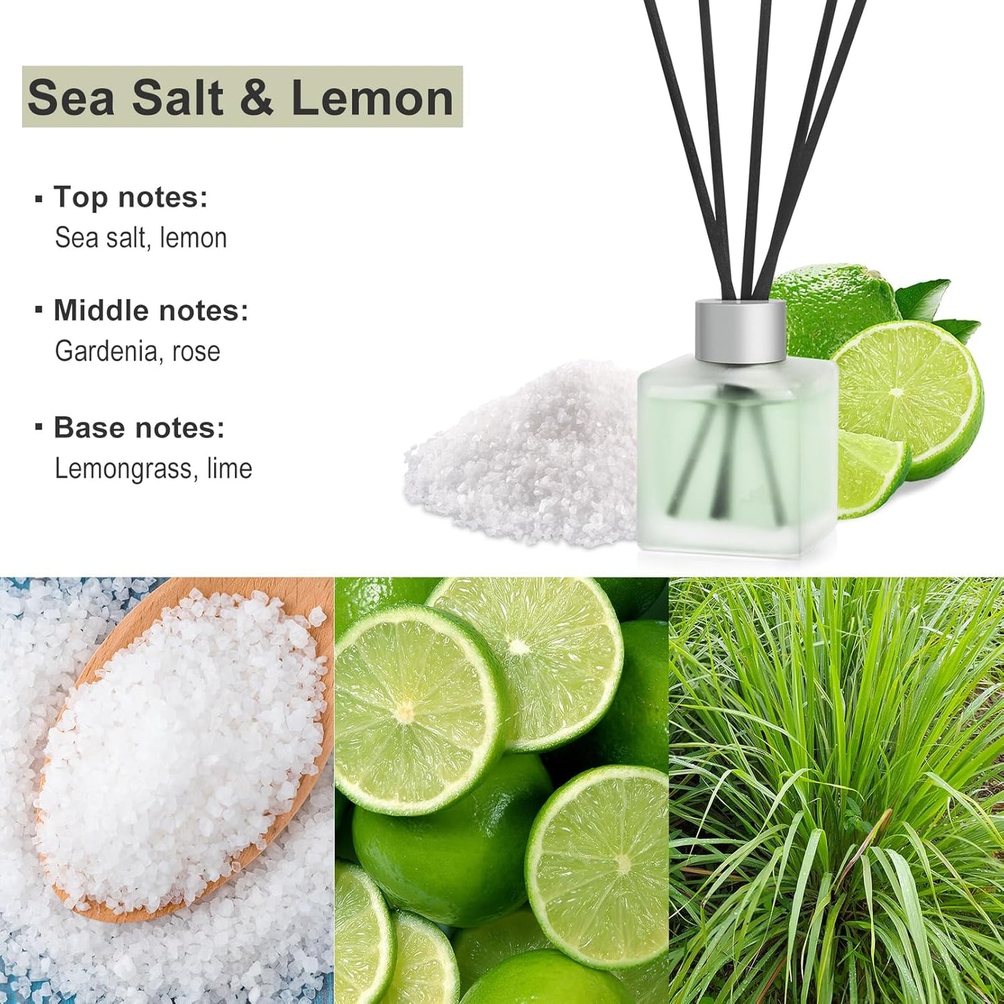 Reed Diffuser, Sea Salt & Lemon Scented Oils, Air Freshener Essential Oil Set with Diffuser Sticks, 3.4 oz Long Lasting Home Fragrance for Bedroom Office Shelf Bathroom Decor (2-Pack)