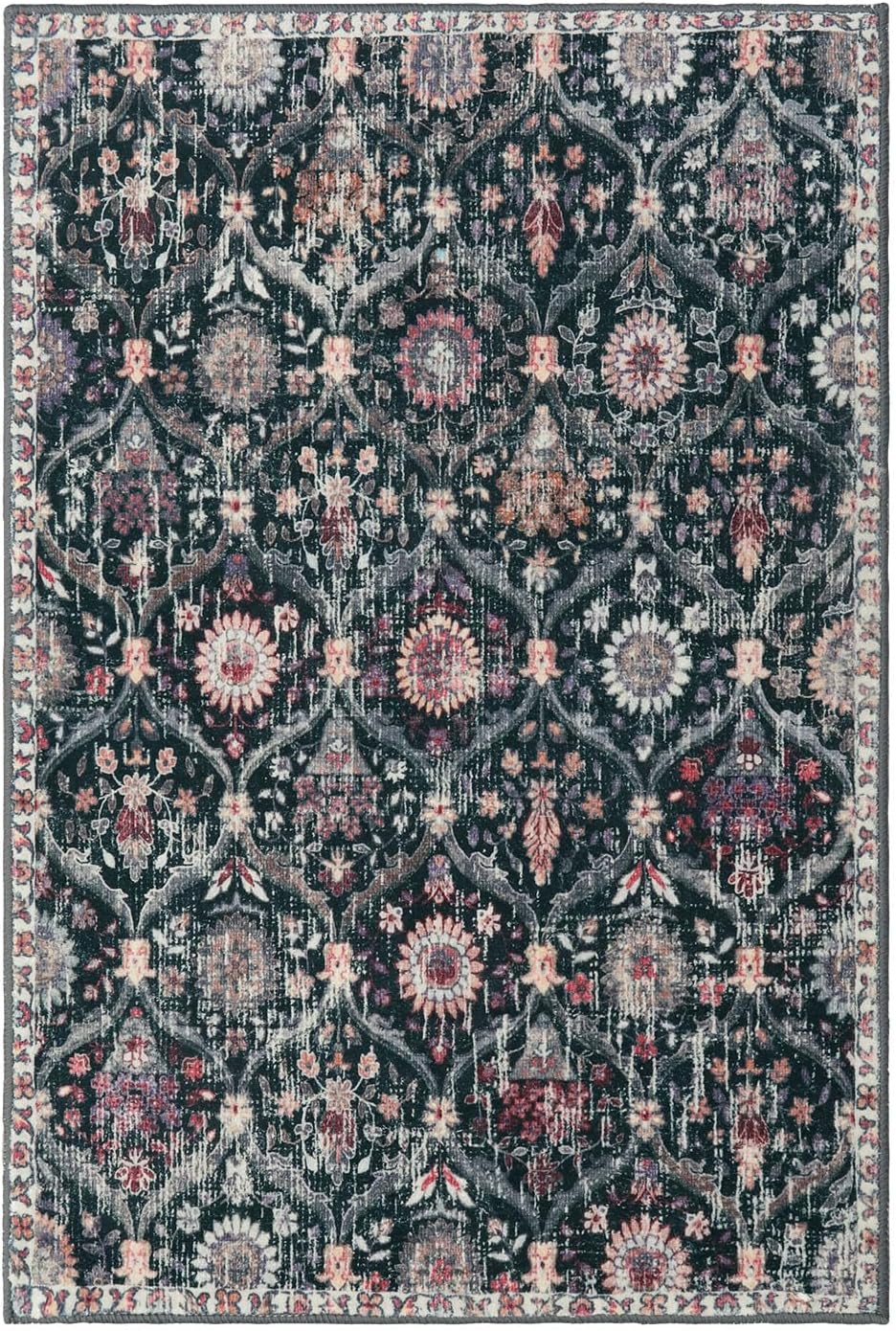 Lahome Moroccan Trellis Washable Rug, 2x3 Entryway Rugs for Kitchen Bathroom, Non-Slip Indoor Door Mat Ultra-Thin, Small Oriental Throw Carpet for Bedroom Entry, Black/Multi