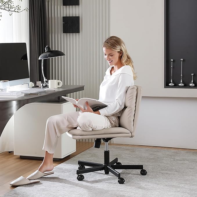 EMIAH Armless Office Desk Chairs Criss Cross Chair with Wheels Mid-Back Ergonomic Home Office Computer Chair Comfortable Thickened Cushion Adjustable Swivel Task Chair with Genuine Leather