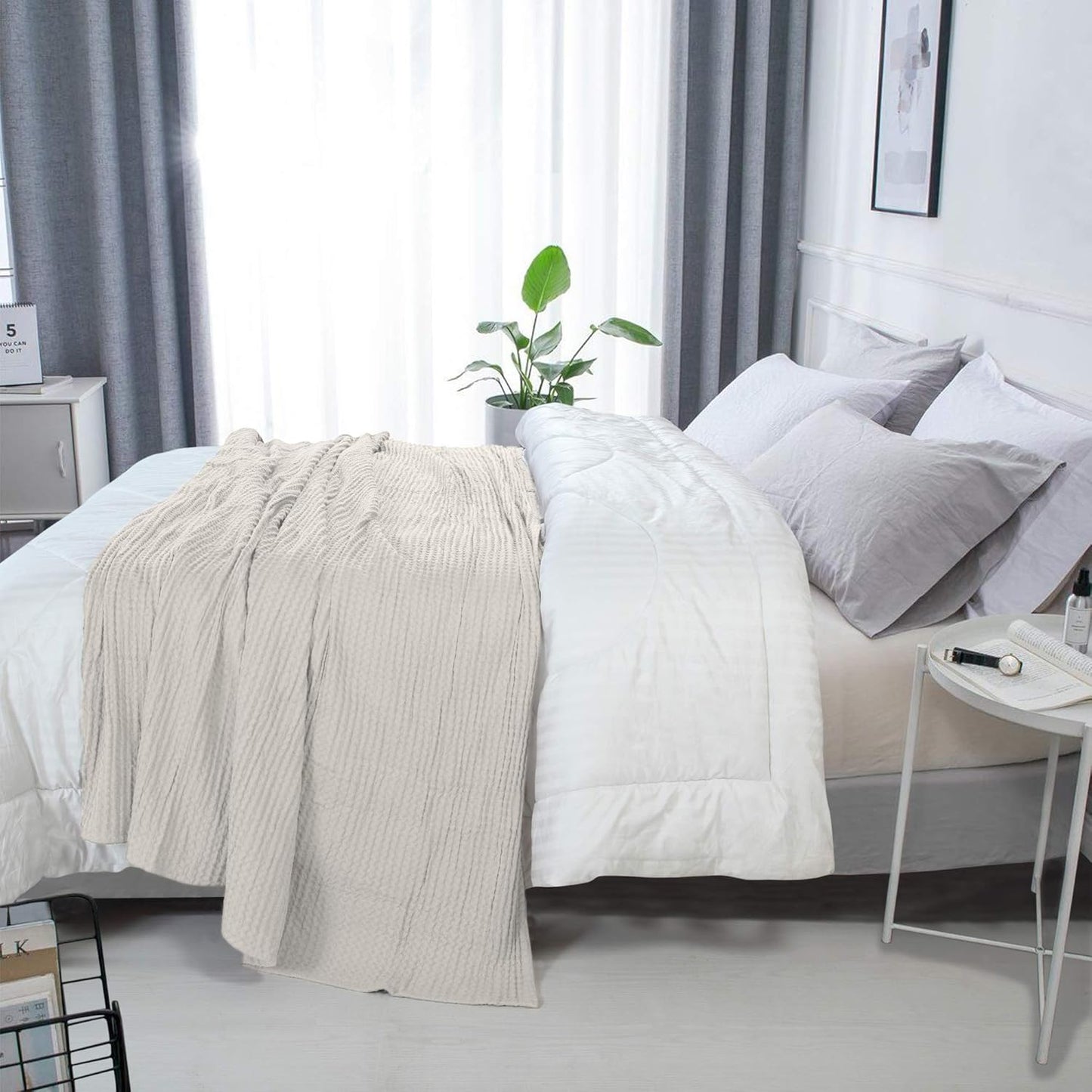 HILLFAIR 100% Combed Cotton Blanket– Twin Size Bed Blankets– Warm Soft All Season Breathable Lightweight Summer Blankets– Waffle Weave Home Decor Bed Blanket- Ivory Twin Bed Cotton Blankets/Bedcovers