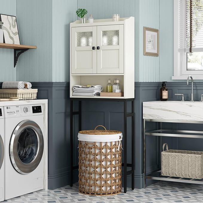 Over The Toilet Storage Cabinet, Above Toilet Bathroom Storage Cabinet with Double Doors and Soft Hinges Over Toilet Storage Shelf Over Toilet Bathroom Organizer (Cream White)