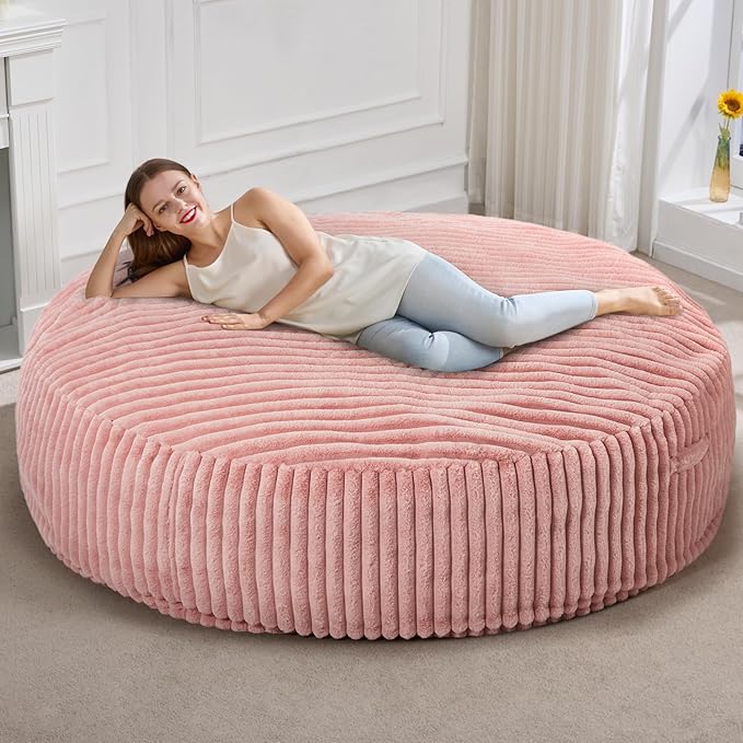 Hobestluk 6ft Bean Bag Chairs for Adults Large Beanbag Chair with Stripe Plush Cover Big Bean Bag Chair for Living Room Bedroom Dorm Office - Pink (70" x 70" x 15")