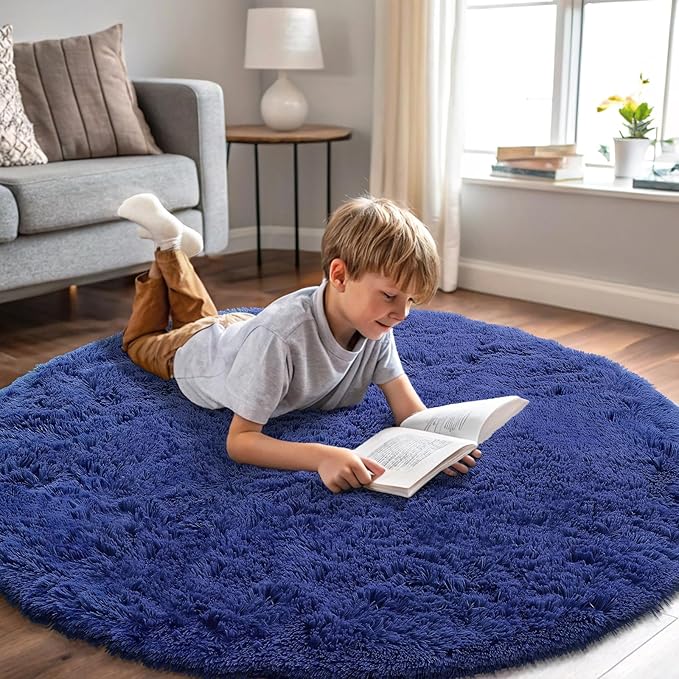 OLANLY Navy Blue Round Rugs for Bedroom - Machine Washable, 4 ft Circle Area Rugs for Living Room, Soft and Fluffy Shaggy Carpet for Teen Girls and Boys, Nursery Rooms, Dorms, Home Decor Aesthetic