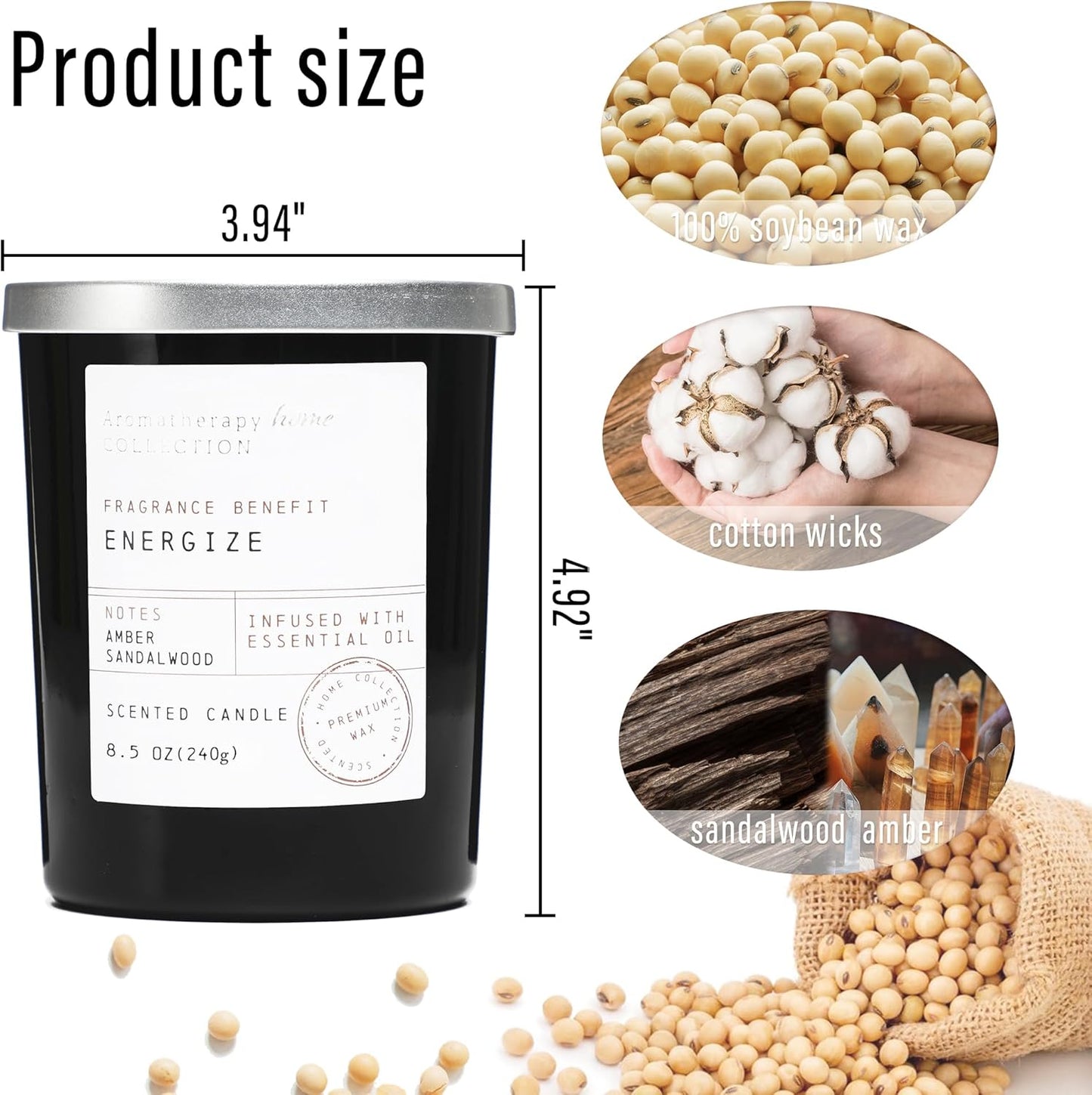 Sandalwood Candle, Sandalwood & Amber Scented Candles,Soy Wax Black Candles for Home Scented,Candle Gift for Men Women,8.5oz