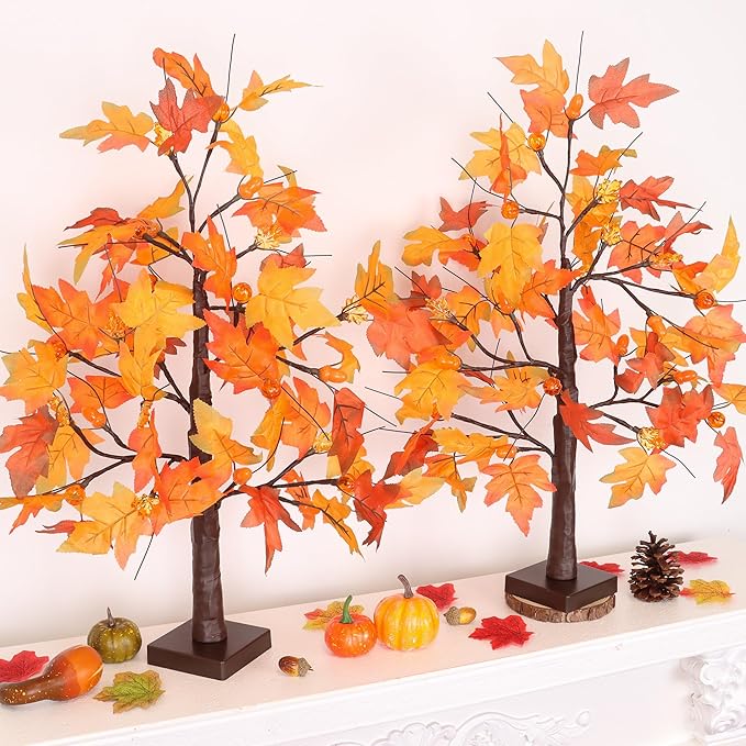 2 Pack 24 Inch Fall Maple Tree with 48LED Battery Operated Lighted Tabletop Artificial Tree with Pumpkin Acorn Maple Fall Centerpieces Indoor Fall Decorations for Home Office Thanksgiving Table Decor