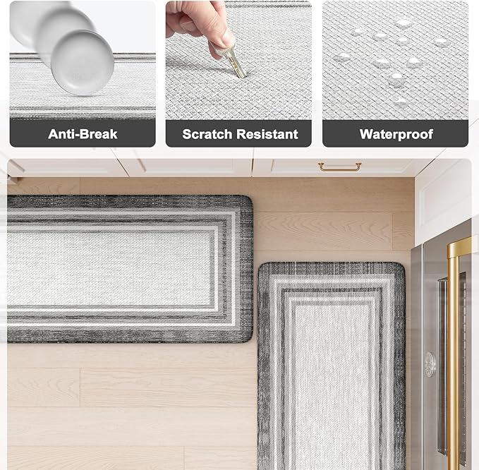 KIMODE Anti Fatigue Kitchen Mat, 17.3"x29" Cushioned Kitchen Rug, Non Slip Waterproof Kitchen Floor Mat, Farmhouse Comfort Standing Mat for Laundry, Office, Sink, Desk Grey