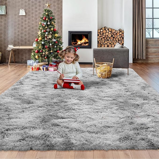 Tie Dyed Grey Fluffy 8x10 Area Rug for Living Room, Plush Shag Rugs for Bedroom, Large Soft Furry Carpets for Kids Room, Modern Indoor Nursery Carpet for Classroom Dorm Cozy Comfy Home Decor