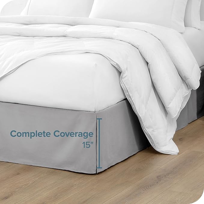 Bare Home Full XL Bed Skirt - 15-Inch Tailored Drop Easy Fit - Bed Skirt for Full Extra Long Beds - Center & Corner Pleats (Full XL, Light Grey)
