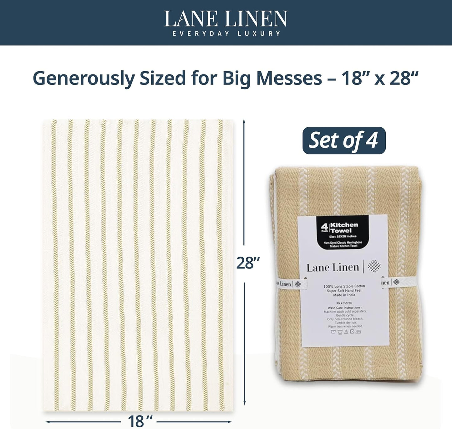 LANE LINEN Kitchen Towels Set of 4-18”x28” Absorbent Cotton Dish Towels, Quick-Drying Hand & Tea Towels for Kitchen, Light Tan