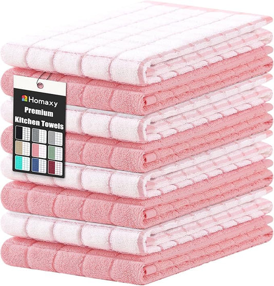 Homaxy Premium Cotton Kitchen Towels 16"x 28", Large Natural Ring Spun 390 GSM Dish Towels, Super Absorbent Terry Kitchen Hand Towels, Soft Tea Towel with Hanging Loop, Pink Check Design, 8 Pack