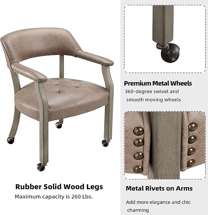 MODERION Modern Brown Solid Wood Boss Caption's Dining Chairs with Wheels and Arms, Office Desk Chairs, Classic Swivel Accent Chairs, 31.5H for Living Room